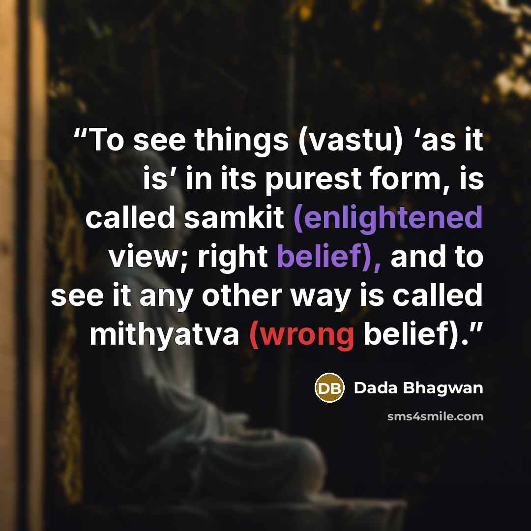 “To see things (vastu) ‘as it is’ in its purest form, is called samkit (enlightened view; right belief), and to see it any other way is called mithyatva (wrong belief).” quote by Dada Bhagwan