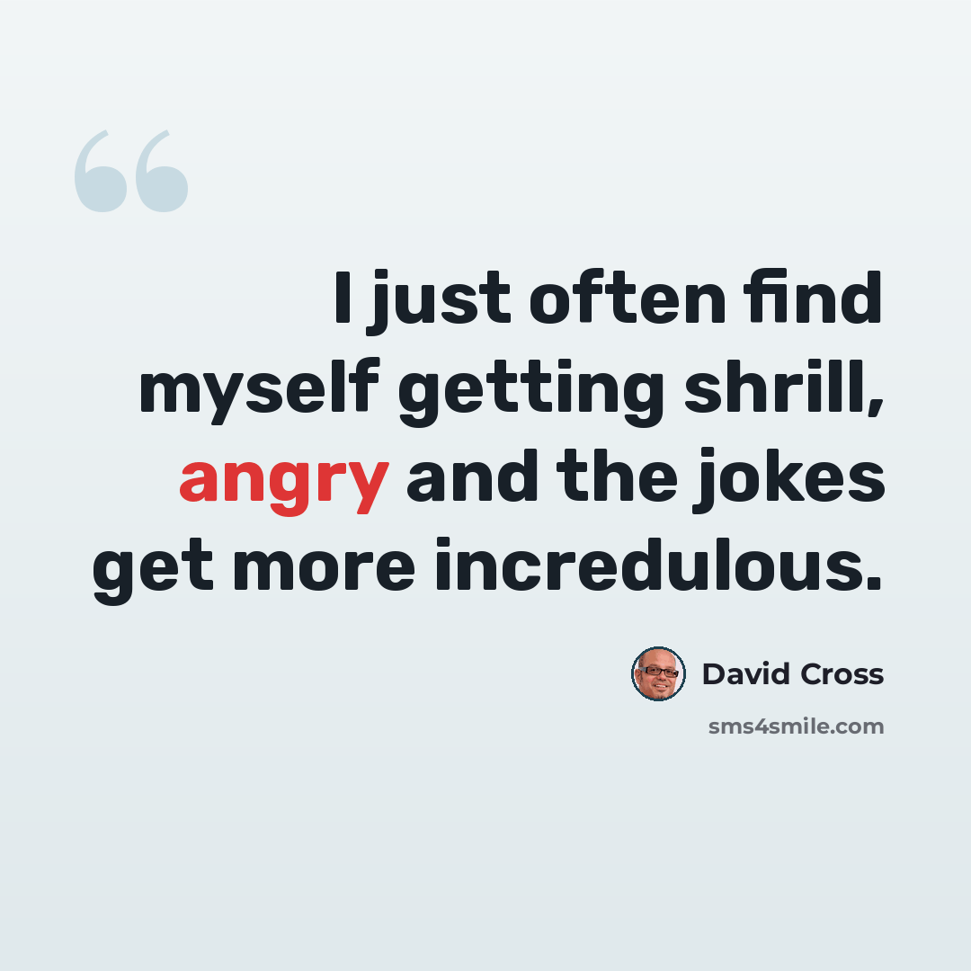 “I just often find myself getting shrill, angry and the jokes get more incredulous.” quote by David Cross