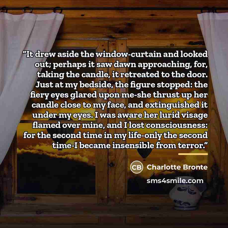 “It drew aside the window-curtain and looked out; perhaps it saw dawn approaching, for, taking the candle, it retreated to the door. Just at my bedside, the figure stopped: the fiery eyes glared upon me-she thrust up her candle close to my face, and extinguished it under my eyes. I was aware her…” quote by Charlotte Brontë