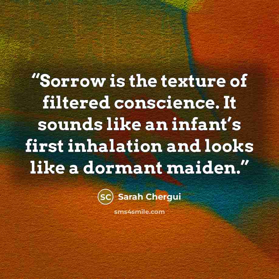 “Sorrow is the texture of filtered conscience. It sounds like an infant’s first inhalation and looks like a dormant maiden.” quote by Sarah Chergui