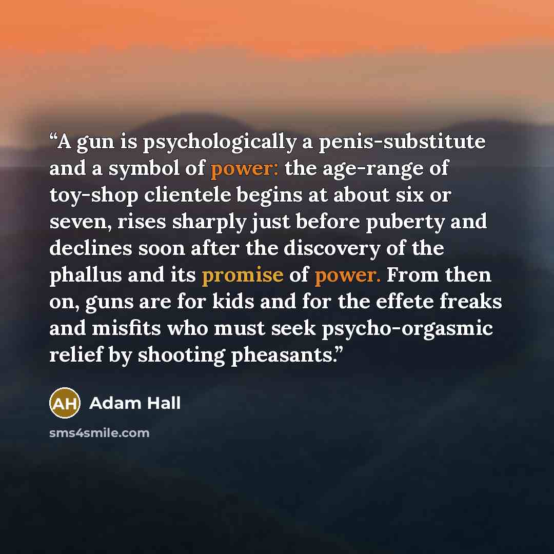 “A gun is psychologically a penis-substitute and a symbol of power: the age-range of toy-shop clientele begins at about six or seven, rises sharply just before puberty and declines soon after the discovery of the phallus and its promise of power. From then on, guns are for kids and for the effete…” quote by Adam Hall