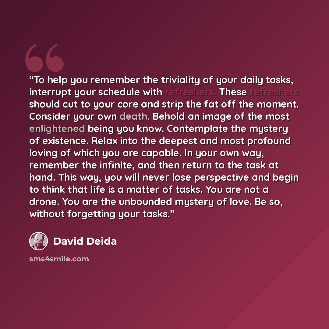 “To help you remember the triviality of your daily tasks, interrupt your schedule with refreshers. These refreshers should cut to your core and strip the fat off the moment. Consider your own death. Behold an image of the most enlightened being you know. Contemplate the mystery of existence. Relax…” quote by David Deida