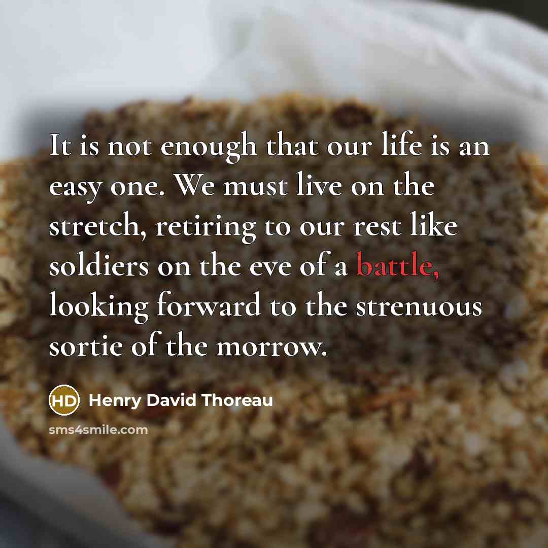 “It is not enough that our life is an easy one. We must live on the stretch, retiring to our rest like soldiers on the eve of a battle, looking forward to the strenuous sortie of the morrow.” quote by Henry David Thoreau