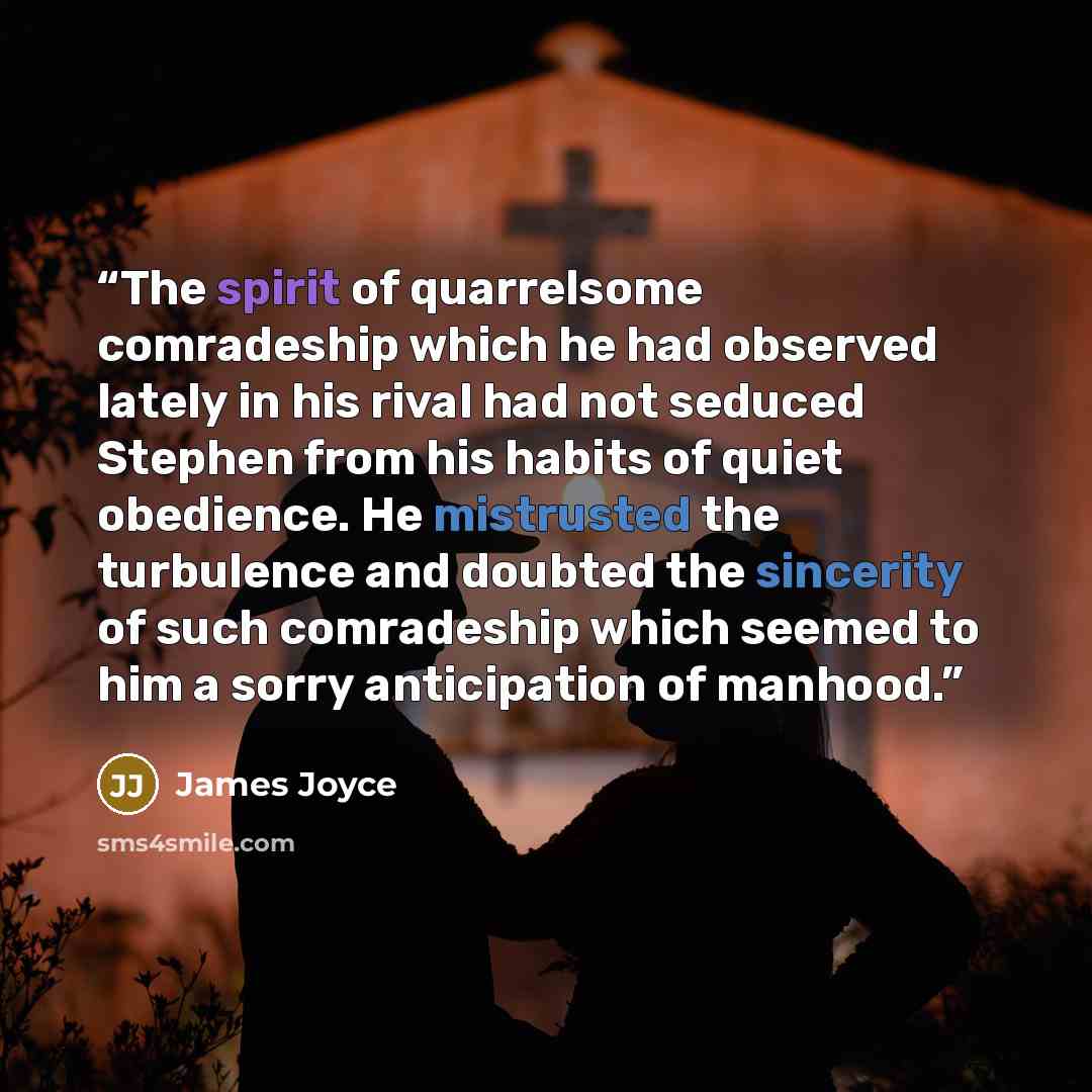 “The spirit of quarrelsome comradeship which he had observed lately in his rival had not seduced Stephen from his habits of quiet obedience. He mistrusted the turbulence and doubted the sincerity of such comradeship which seemed to him a sorry anticipation of manhood.” quote by James Joyce