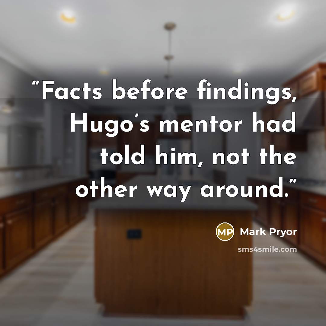 “Facts before findings, Hugo’s mentor had told him, not the other way around.” quote by Mark Pryor