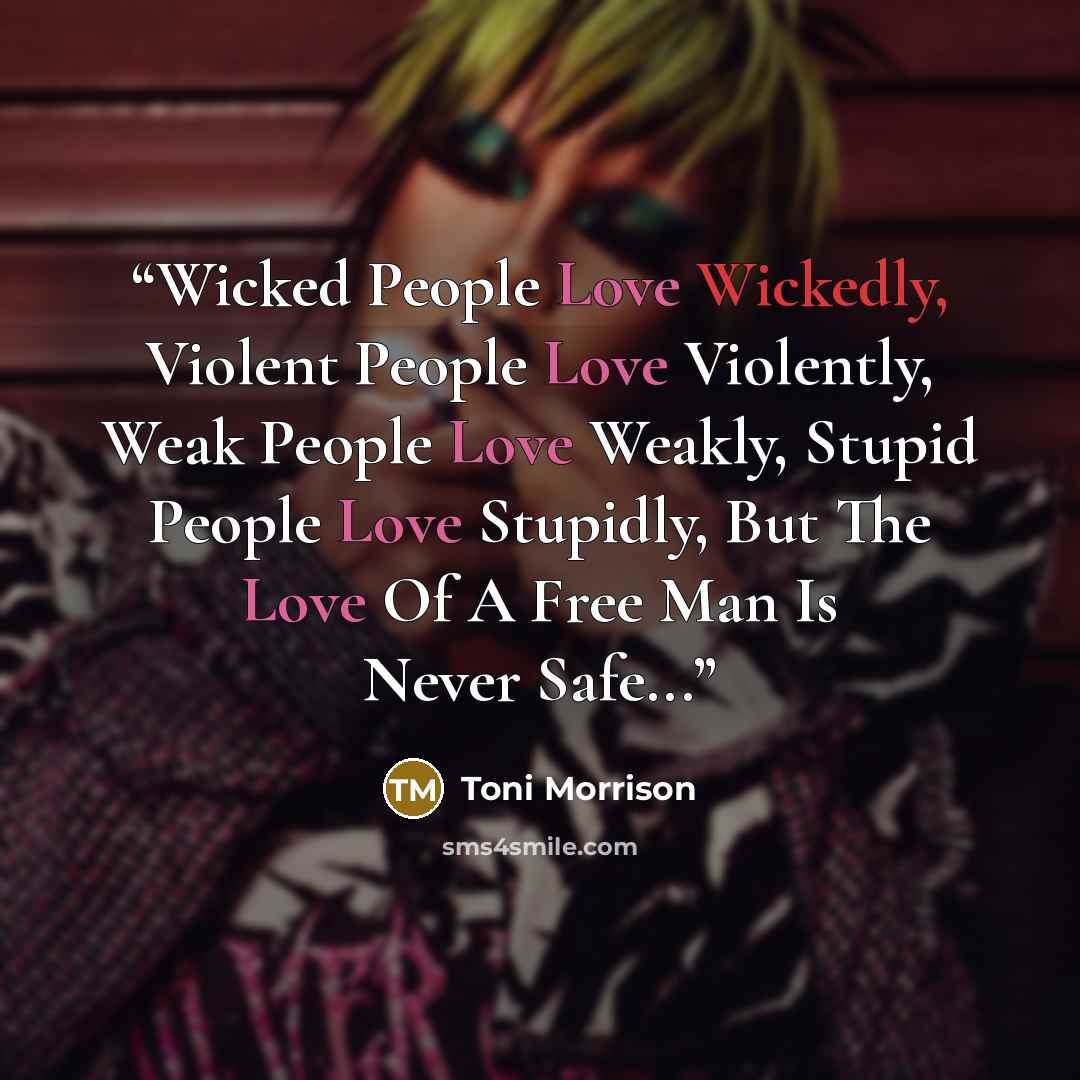 “Wicked People Love Wickedly, Violent People Love Violently, Weak People Love Weakly, Stupid People Love Stupidly, But The Love Of A Free Man Is Never Safe...” quote by Toni Morrison