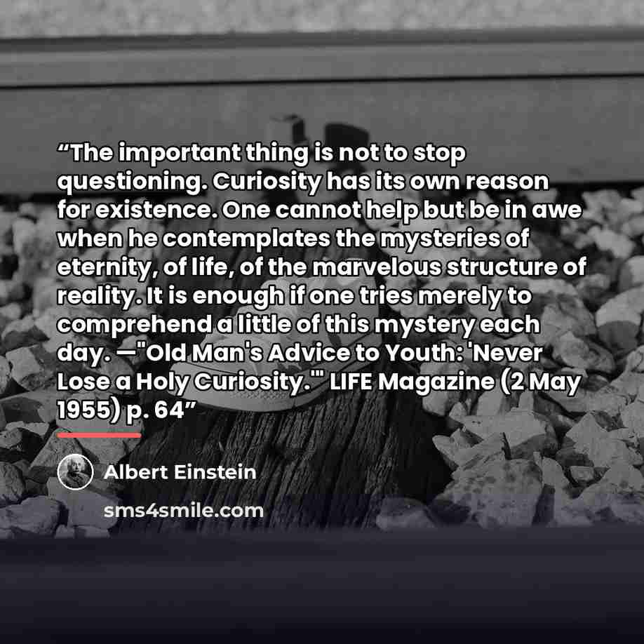 “The important thing is not to stop questioning. Curiosity has its own reason for existence. One cannot help but be in awe when he contemplates the mysteries of eternity, of life, of the marvelous structure of reality. It is enough if one tries merely to comprehend a little of this mystery each…” quote by Albert Einstein