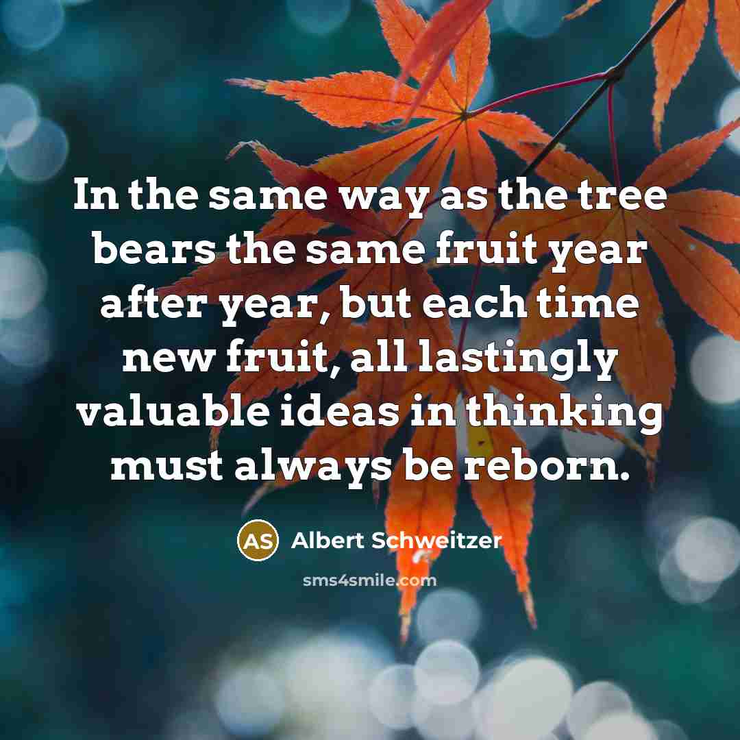 “In the same way as the tree bears the same fruit year after year, but each time new fruit, all lastingly valuable ideas in thinking must always be reborn.” quote by Albert Schweitzer