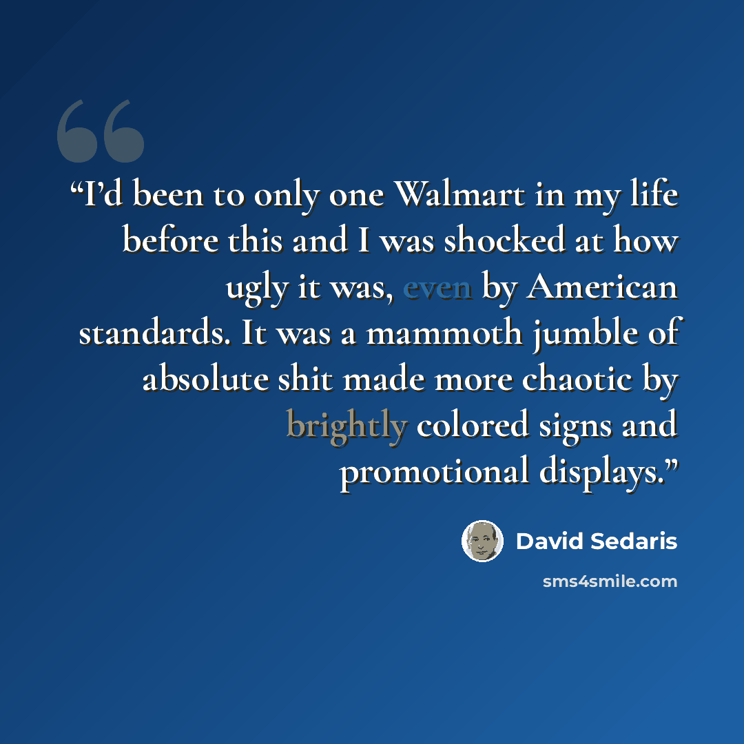 “I’d been to only one Walmart in my life before this and I was shocked at how ugly it was, even by American standards. It was a mammoth jumble of absolute shit made more chaotic by brightly colored signs and promotional displays.” quote by David Sedaris