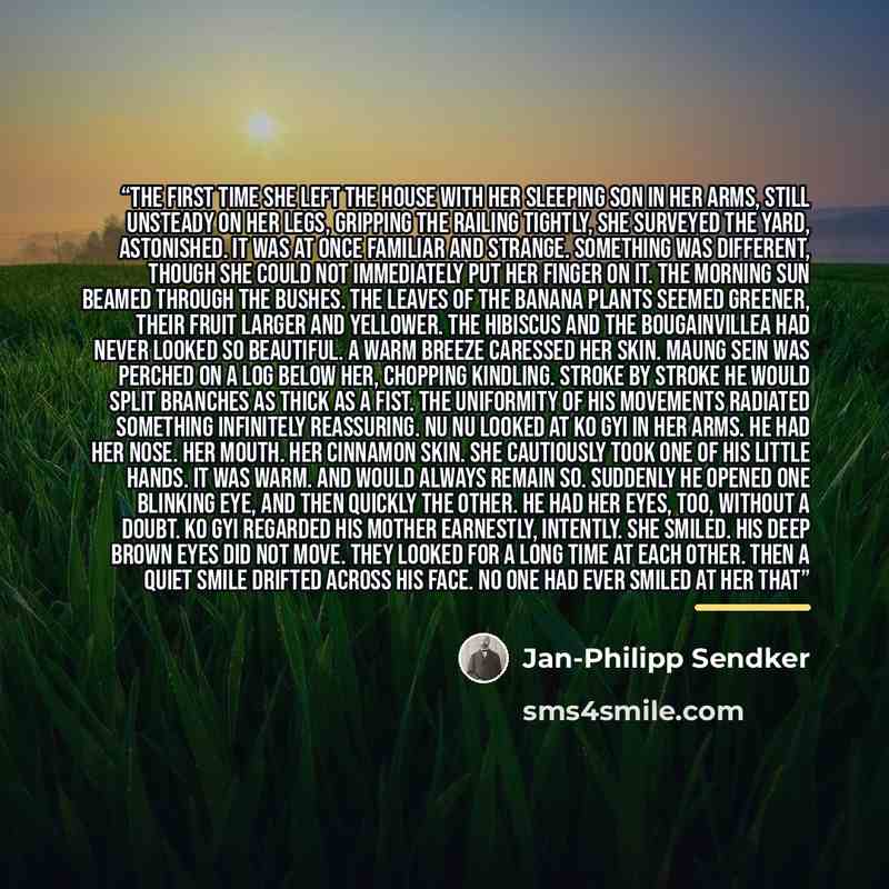 “THE FIRST TIME she left the house with her sleeping son in her arms, still unsteady on her legs, gripping the railing tightly, she surveyed the yard, astonished. It was at once familiar and strange. Something was different, though she could not immediately put her finger on it. The morning sun…” quote by Jan-Philipp Sendker
