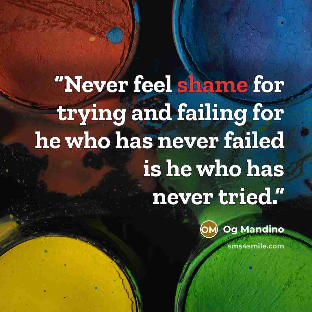 “Never feel shame for trying and failing for he who has never failed is he who has never tried.” quote by Og Mandino
