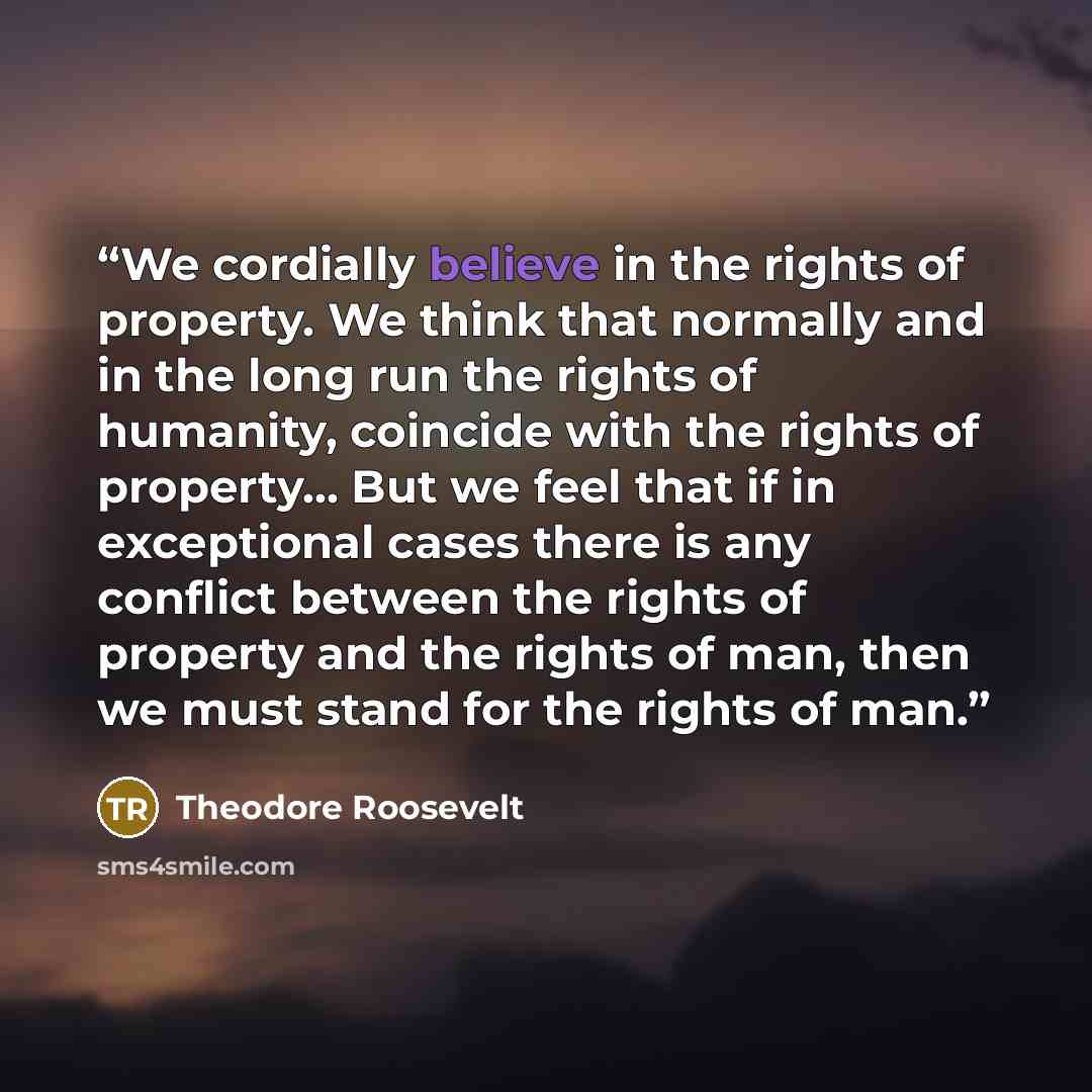 “We cordially believe in the rights of property. We think that normally and in the long run the rights of humanity, coincide with the rights of property... But we feel that if in exceptional cases there is any conflict between the rights of property and the rights of man, then we must stand for the…” quote by Theodore Roosevelt