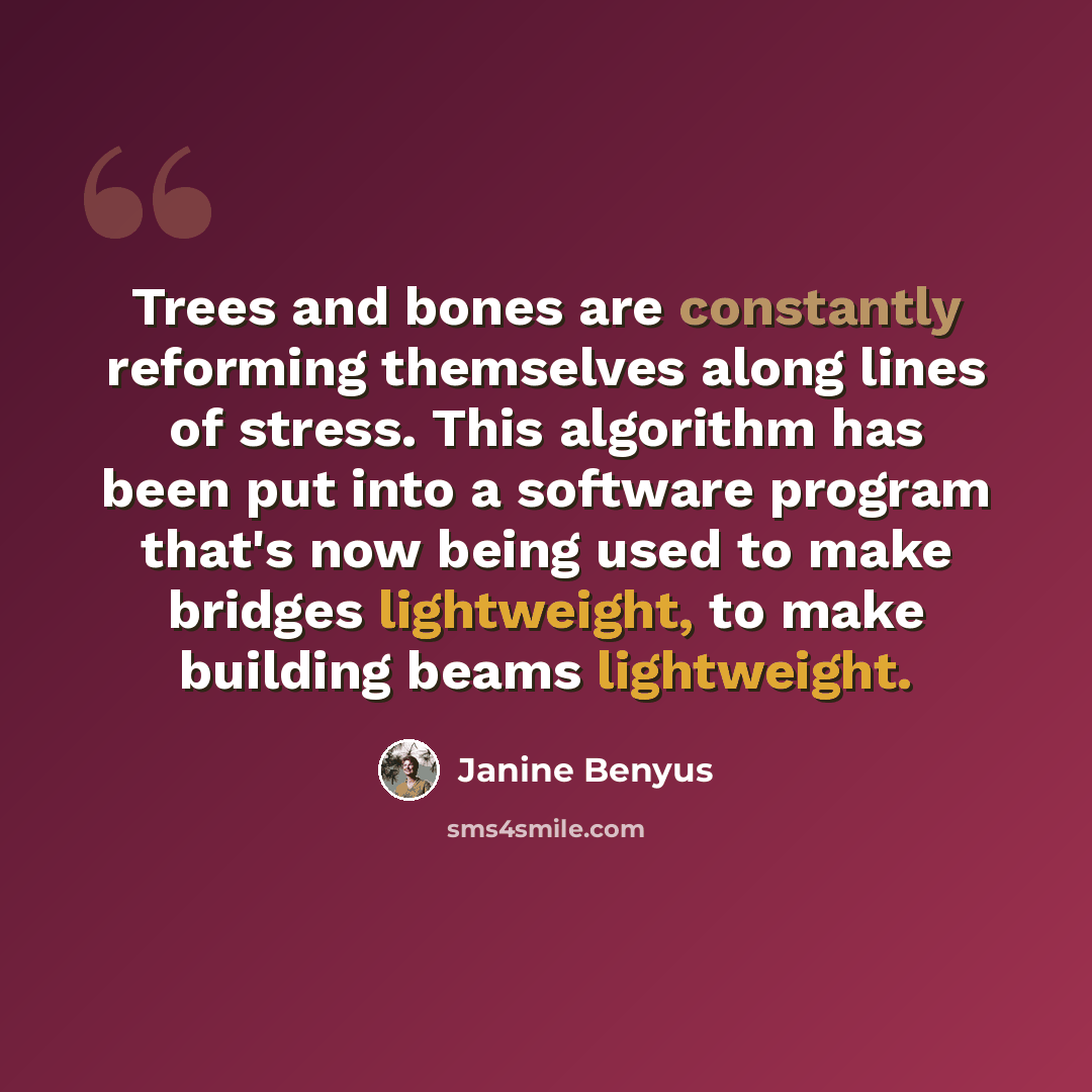 “Trees and bones are constantly reforming themselves along lines of stress. This algorithm has been put into a software program that's now being used to make bridges lightweight, to make building beams lightweight.” quote by Janine Benyus