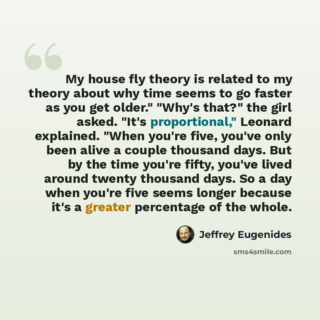 “My house fly theory is related to my theory about why time seems to go faster as you get older." "Why's that?" the girl asked. "It's proportional," Leonard explained. "When you're five, you've only been alive a couple thousand days. But by the time you're fifty, you've lived around twenty thousand…” quote by Jeffrey Eugenides