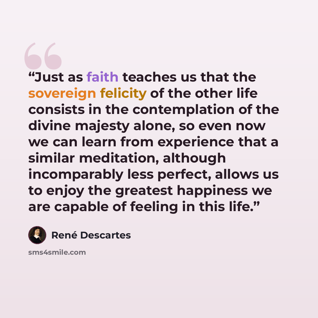 “Just as faith teaches us that the sovereign felicity of the other life consists in the contemplation of the divine majesty alone, so even now we can learn from experience that a similar meditation, although incomparably less perfect, allows us to enjoy the greatest happiness we are capable of…” quote by René Descartes