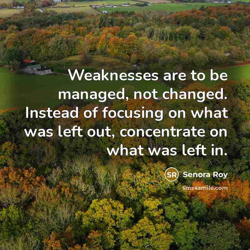 “Weaknesses are to be managed, not changed. Instead of focusing on what was left out, concentrate on what was left in.” quote by Senora Roy