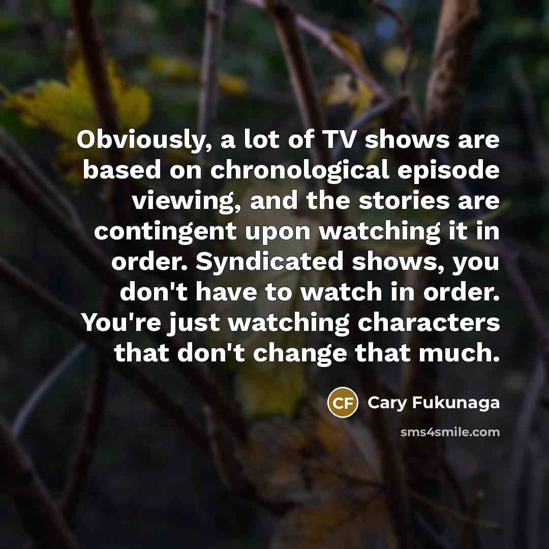 “Obviously, a lot of TV shows are based on chronological episode viewing, and the stories are contingent upon watching it in order. Syndicated shows, you don't have to watch in order. You're just watching characters that don't change that much.” quote by Cary Fukunaga