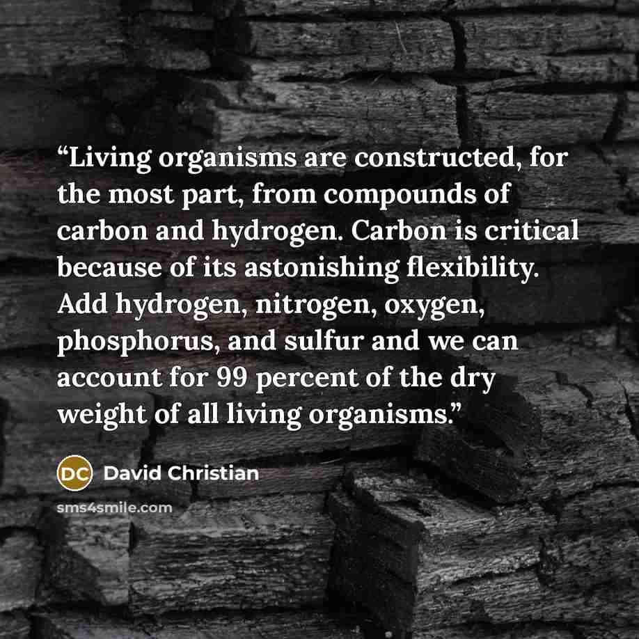 “Living organisms are constructed, for the most part, from compounds of carbon and hydrogen. Carbon is critical because of its astonishing flexibility. Add hydrogen, nitrogen, oxygen, phosphorus, and sulfur and we can account for 99 percent of the dry weight of all living organisms.” quote by David Christian
