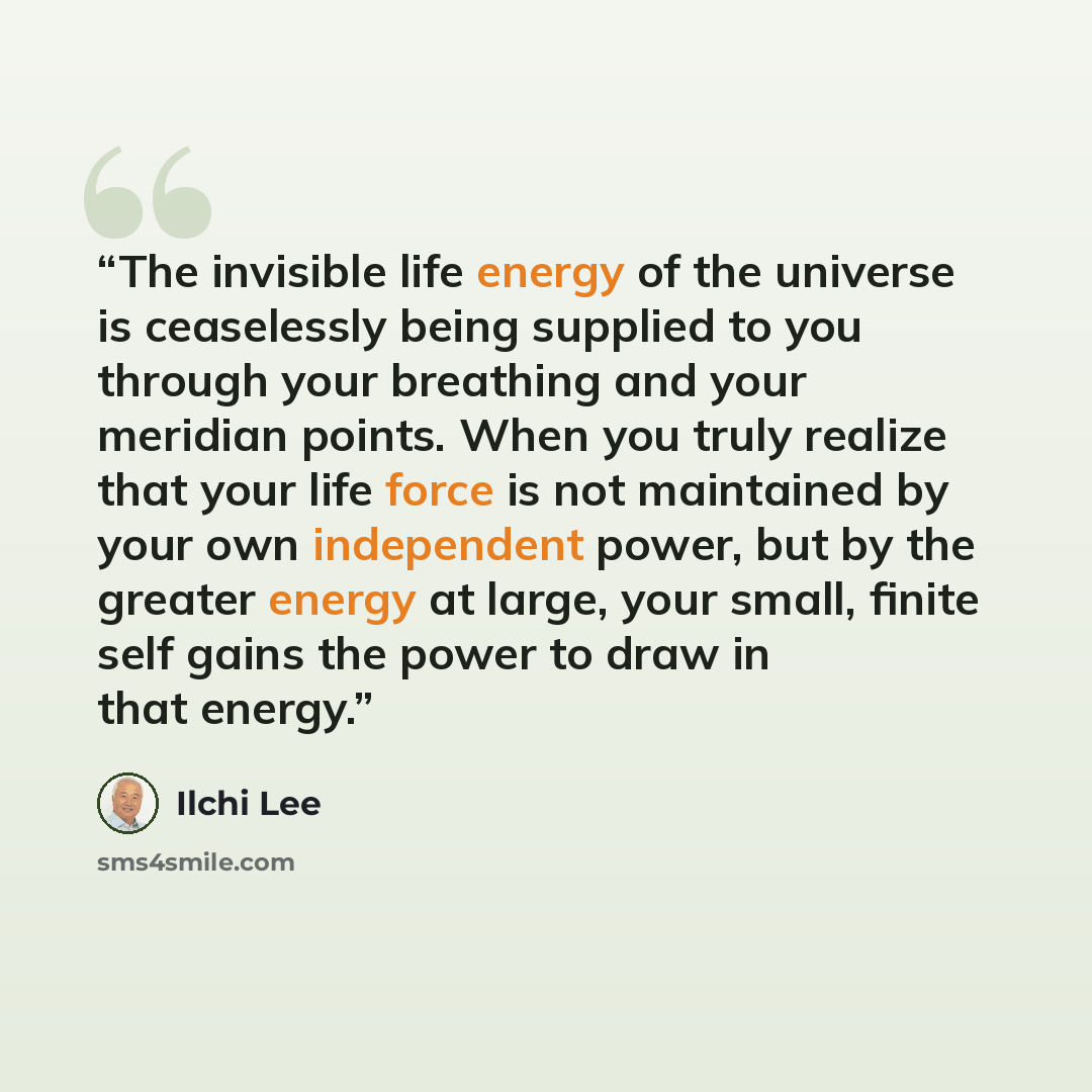 “The invisible life energy of the universe is ceaselessly being supplied to you through your breathing and your meridian points. When you truly realize that your life force is not maintained by your own independent power, but by the greater energy at large, your small, finite self gains the power…” quote by Ilchi Lee