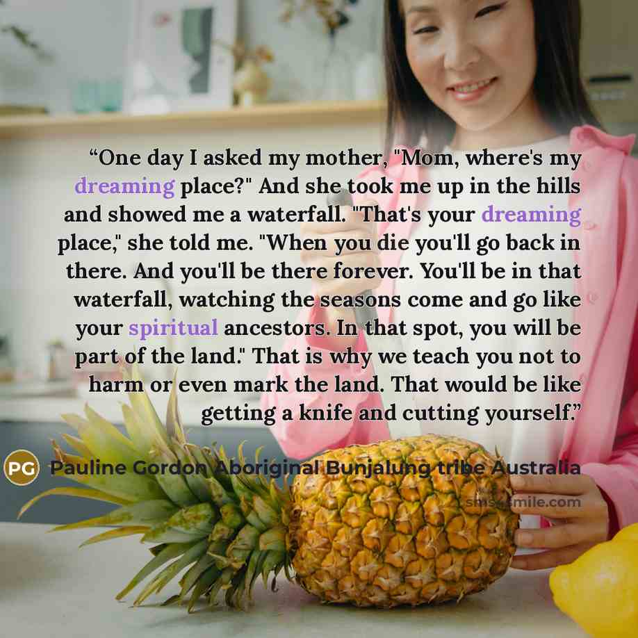 “One day I asked my mother, "Mom, where's my dreaming place?" And she took me up in the hills and showed me a waterfall. "That's your dreaming place," she told me. "When you die you'll go back in there. And you'll be there forever. You'll be in that waterfall, watching the seasons come and go like…” quote by Pauline Gordon Aboriginal Bunjalung tribe Australia
