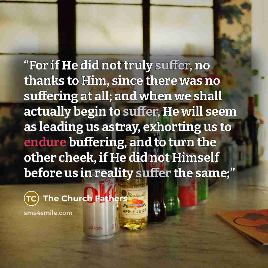 “For if He did not truly suffer, no thanks to Him, since there was no suffering at all; and when we shall actually begin to suffer, He will seem as leading us astray, exhorting us to endure buffering, and to turn the other cheek, if He did not Himself before us in reality suffer the same;” quote by The Church Fathers