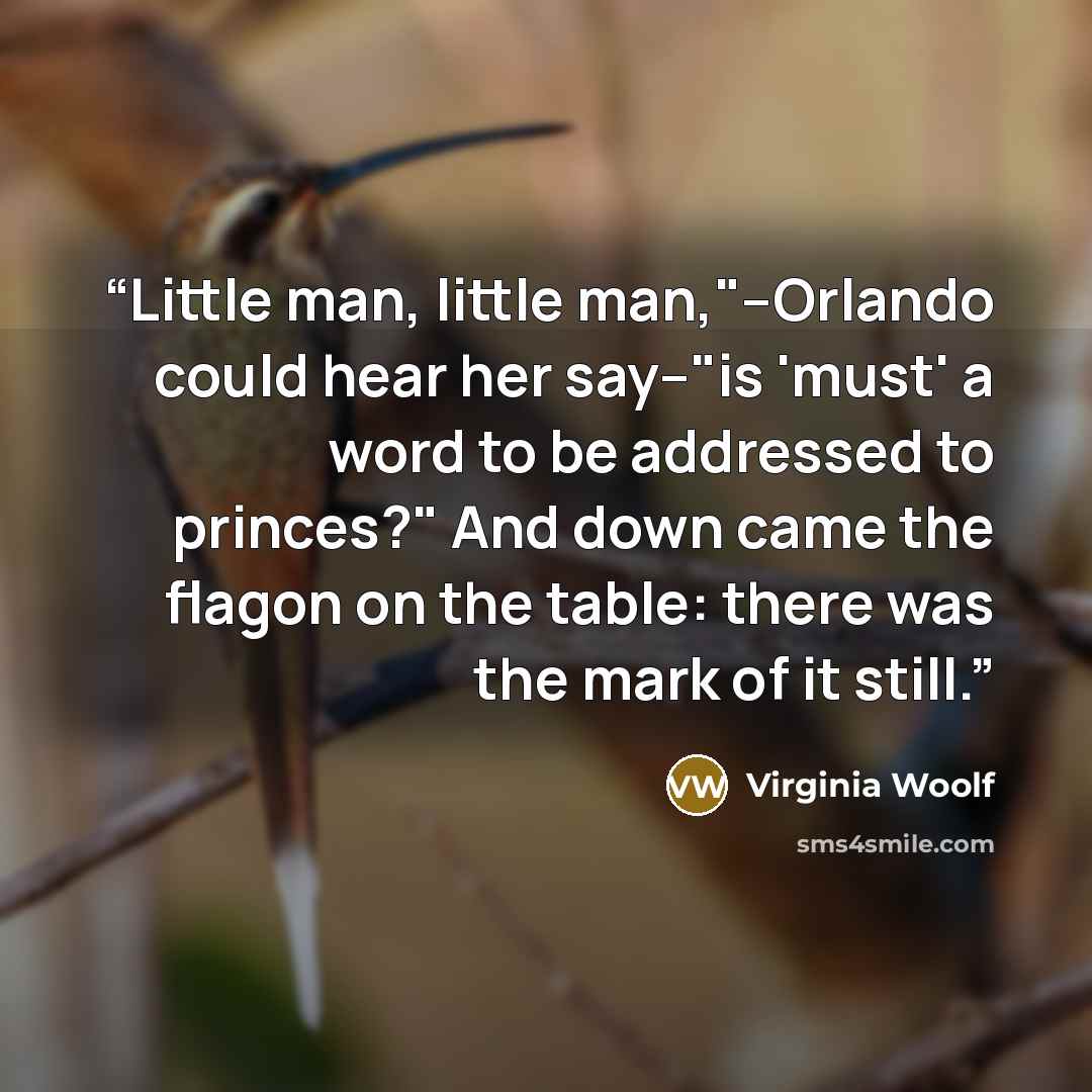 “Little man, little man,"--Orlando could hear her say--"is 'must' a word to be addressed to princes?" And down came the flagon on the table: there was the mark of it still.” quote by Virginia Woolf