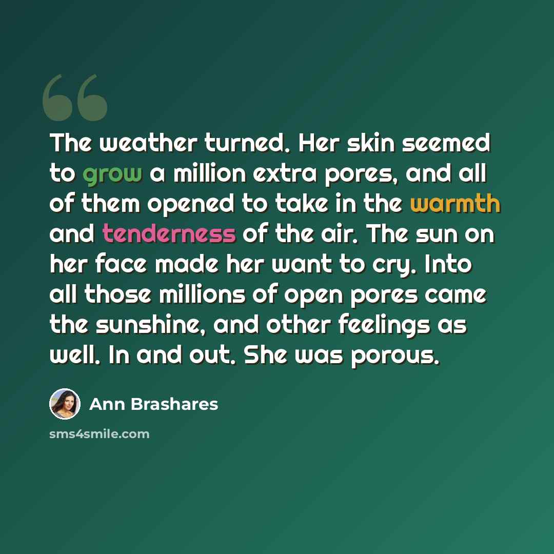 “The weather turned. Her skin seemed to grow a million extra pores, and all of them opened to take in the warmth and tenderness of the air. The sun on her face made her want to cry. Into all those millions of open pores came the sunshine, and other feelings as well. In and out. She was porous.” quote by Ann Brashares