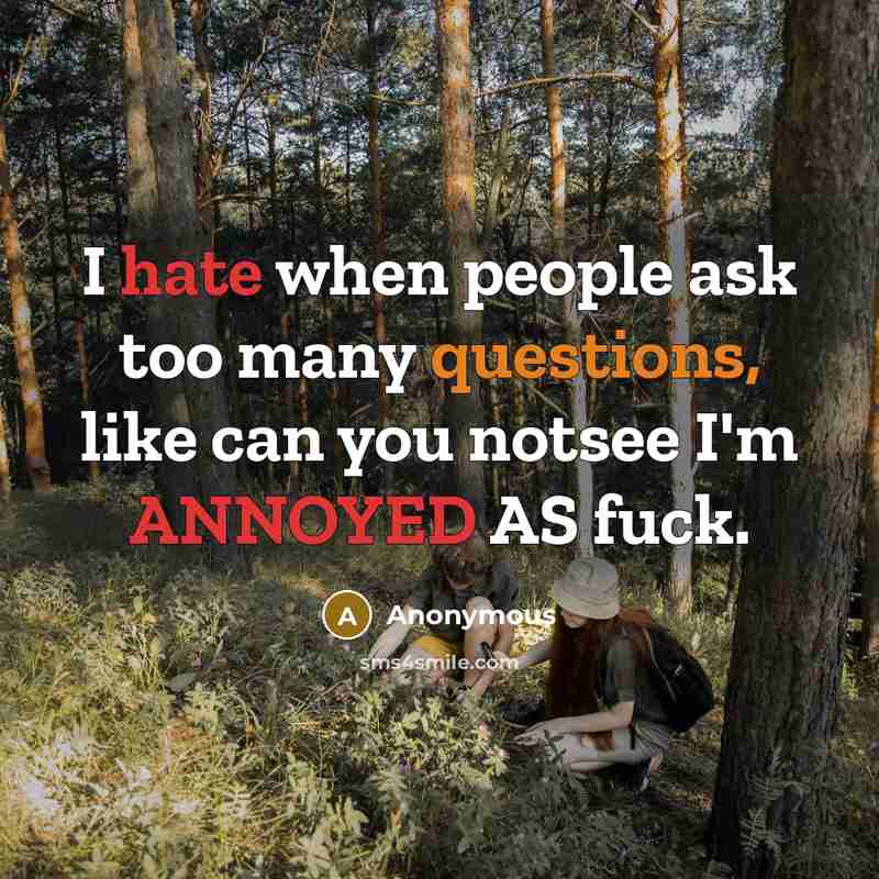 “I hate when people ask too many questions, like can you notsee I'm ANNOYED AS fuck.” quote by Anonymous