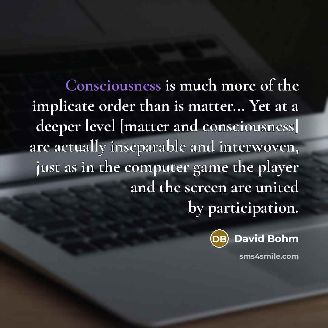 “Consciousness is much more of the implicate order than is matter... Yet at a deeper level [matter and consciousness] are actually inseparable and interwoven, just as in the computer game the player and the screen are united by participation.” quote by David Bohm