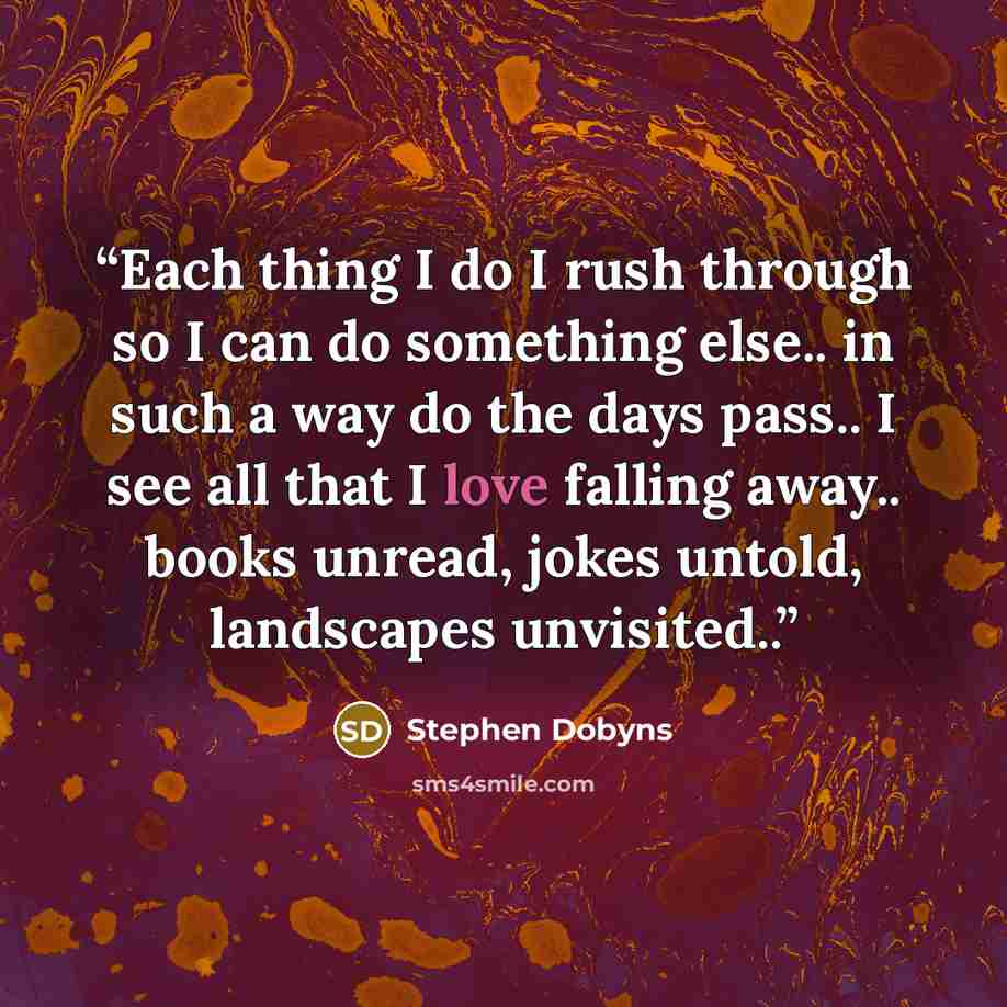 “Each thing I do I rush through so I can do something else.. in such a way do the days pass.. I see all that I love falling away.. books unread, jokes untold, landscapes unvisited..” quote by Stephen Dobyns