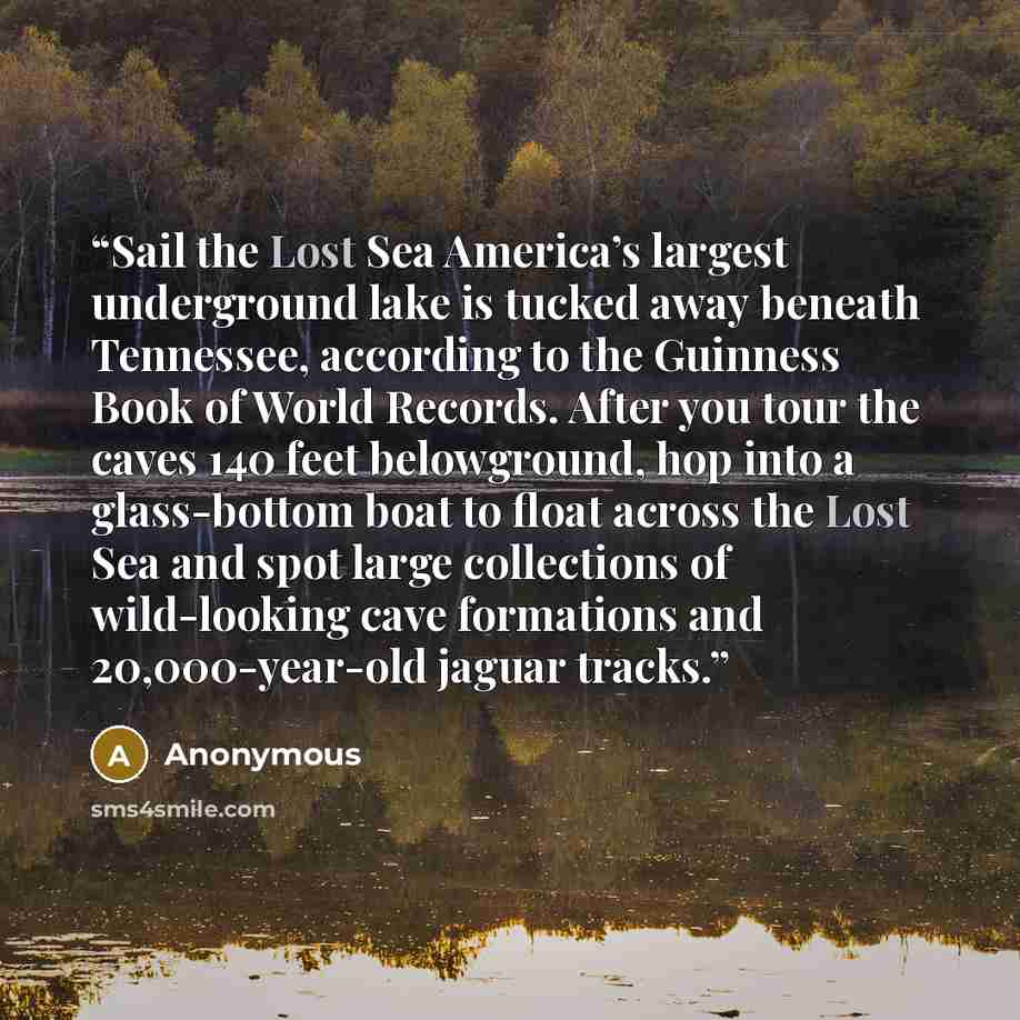 “Sail the Lost Sea America’s largest underground lake is tucked away beneath Tennessee, according to the Guinness Book of World Records. After you tour the caves 140 feet belowground, hop into a glass-bottom boat to float across the Lost Sea and spot large collections of wild-looking cave…” quote by Anonymous