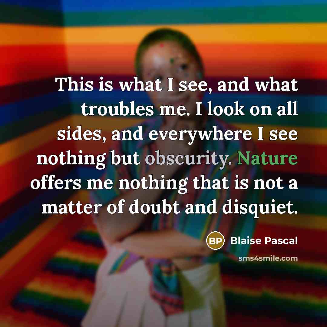 “This is what I see, and what troubles me. I look on all sides, and everywhere I see nothing but obscurity. Nature offers me nothing that is not a matter of doubt and disquiet.” quote by Blaise Pascal