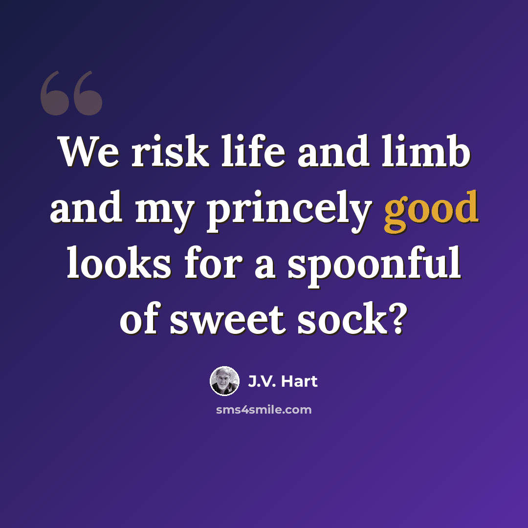 “We risk life and limb and my princely good looks for a spoonful of sweet sock?” quote by J.V. Hart