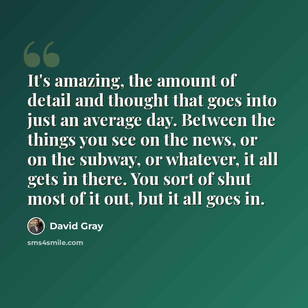 “It's amazing, the amount of detail and thought that goes into just an average day. Between the things you see on the news, or on the subway, or whatever, it all gets in there. You sort of shut most of it out, but it all goes in.” quote by David Gray