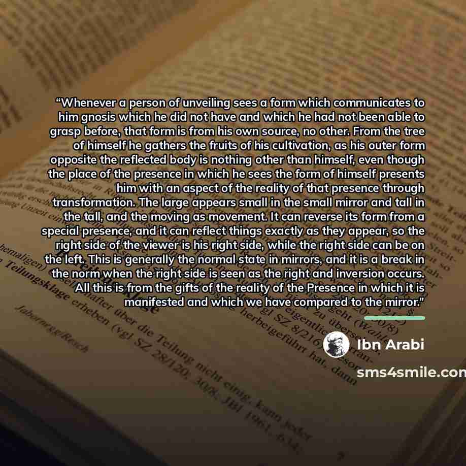 “Whenever a person of unveiling sees a form which communicates to him gnosis which he did not have and which he had not been able to grasp before, that form is from his own source, no other. From the tree of himself he gathers the fruits of his cultivation, as his outer form opposite the reflected…” quote by Ibn Arabi