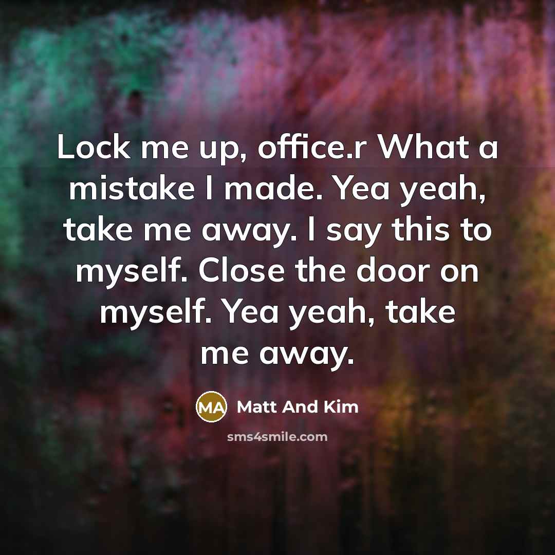 “Lock me up, office.r What a mistake I made. Yea yeah, take me away. I say this to myself. Close the door on myself. Yea yeah, take me away.” quote by Matt And Kim
