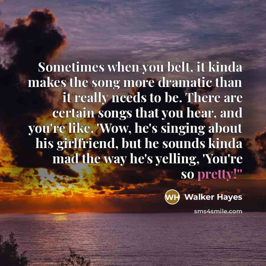 “Sometimes when you belt, it kinda makes the song more dramatic than it really needs to be. There are certain songs that you hear, and you're like, 'Wow, he's singing about his girlfriend, but he sounds kinda mad the way he's yelling, 'You're so pretty!''” quote by Walker Hayes