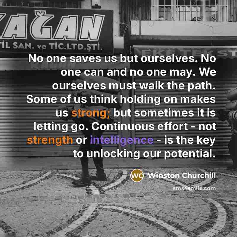 “No one saves us but ourselves. No one can and no one may. We ourselves must walk the path. Some of us think holding on makes us strong; but sometimes it is letting go. Continuous effort - not strength or intelligence - is the key to unlocking our potential.” quote by Winston Churchill