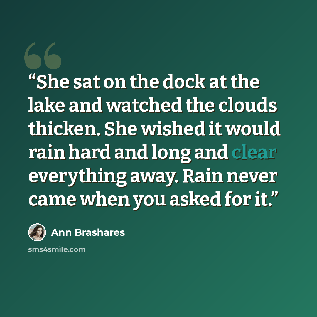 “She sat on the dock at the lake and watched the clouds thicken. She wished it would rain hard and long and clear everything away. Rain never came when you asked for it.” quote by Ann Brashares