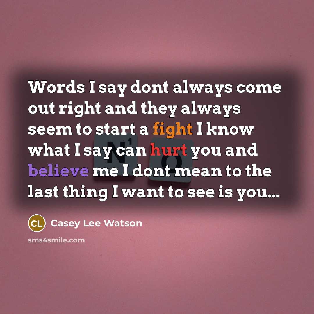 “Words I say dont always come out right and they always seem to start a fight I know what I say can hurt you and believe me I dont mean to the last thing I want to see is you...” quote by Casey Lee Watson