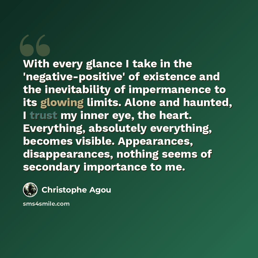 “With every glance I take in the 'negative-positive' of existence and the inevitability of impermanence to its glowing limits. Alone and haunted, I trust my inner eye, the heart. Everything, absolutely everything, becomes visible. Appearances, disappearances, nothing seems of secondary importance…” quote by Christophe Agou