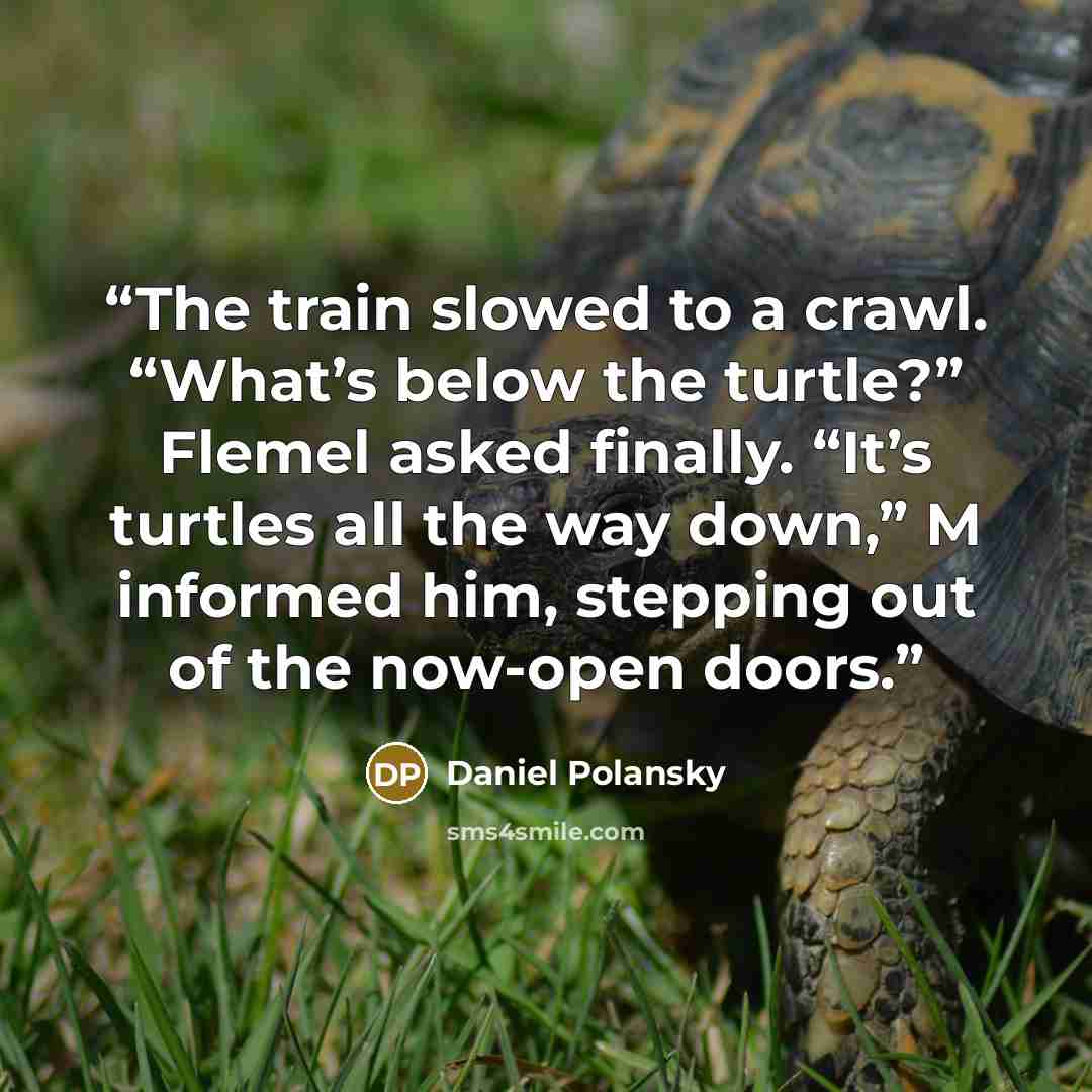 “The train slowed to a crawl. “What’s below the turtle?” Flemel asked finally. “It’s turtles all the way down,” M informed him, stepping out of the now-open doors.” quote by Daniel Polansky