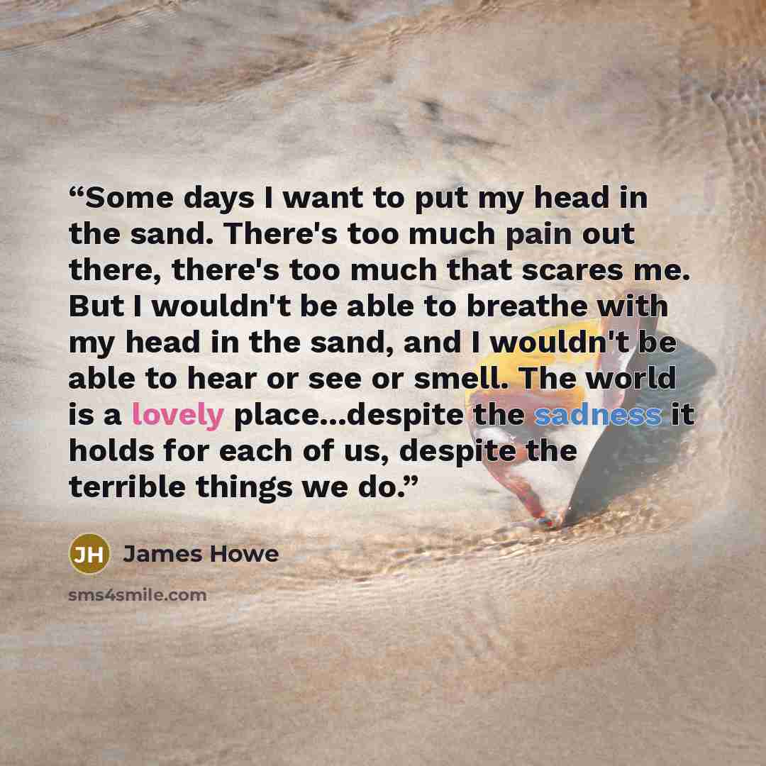 “Some days I want to put my head in the sand. There's too much pain out there, there's too much that scares me. But I wouldn't be able to breathe with my head in the sand, and I wouldn't be able to hear or see or smell. The world is a lovely place...despite the sadness it holds for each of us…” quote by James Howe