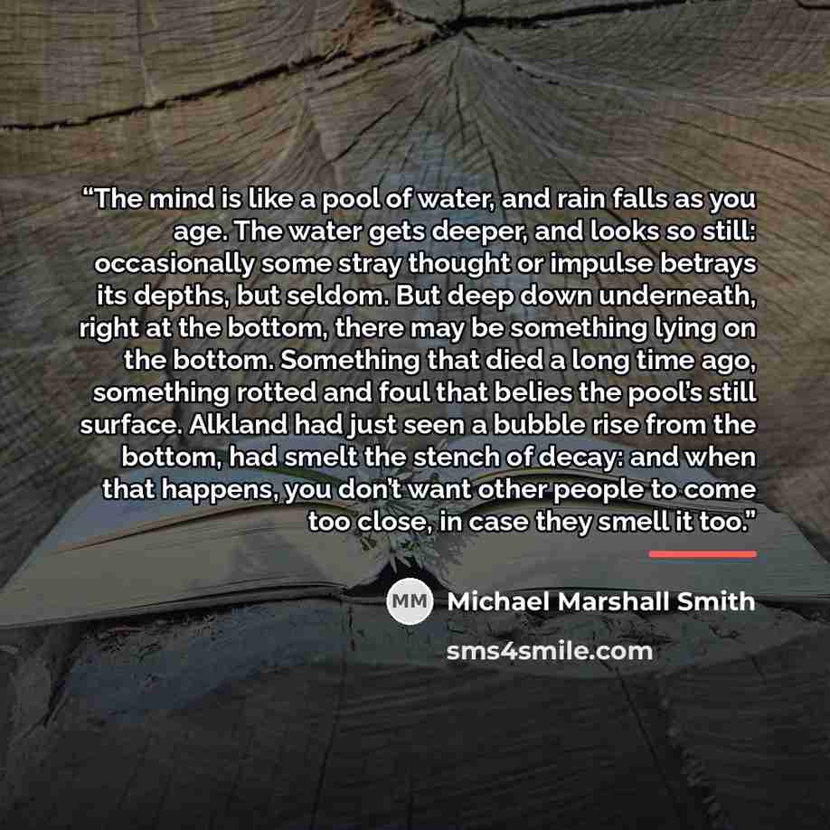 “The mind is like a pool of water, and rain falls as you age. The water gets deeper, and looks so still: occasionally some stray thought or impulse betrays its depths, but seldom. But deep down underneath, right at the bottom, there may be something lying on the bottom. Something that died a long…” quote by Michael Marshall Smith