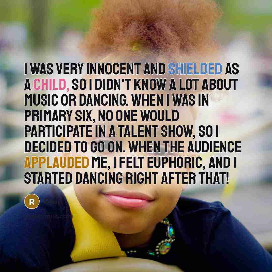 “I was very innocent and shielded as a child, so I didn't know a lot about music or dancing. When I was in Primary Six, no one would participate in a talent show, so I decided to go on. When the audience applauded me, I felt euphoric, and I started dancing right after that!” quote by Rain