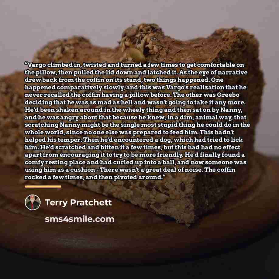 “Vargo climbed in, twisted and turned a few times to get comfortable on the pillow, then pulled the lid down and latched it. As the eye of narrative drew back from the coffin on its stand, two things happened. One happened comparatively slowly, and this was Vargo's realization that he never…” quote by Terry Pratchett
