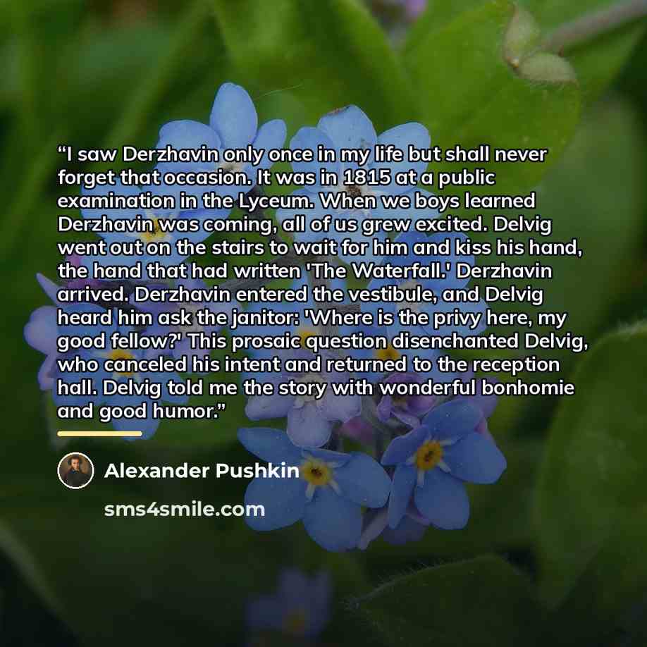 “I saw Derzhavin only once in my life but shall never forget that occasion. It was in 1815 at a public examination in the Lyceum. When we boys learned Derzhavin was coming, all of us grew excited. Delvig went out on the stairs to wait for him and kiss his hand, the hand that had written 'The…” quote by Alexander Pushkin