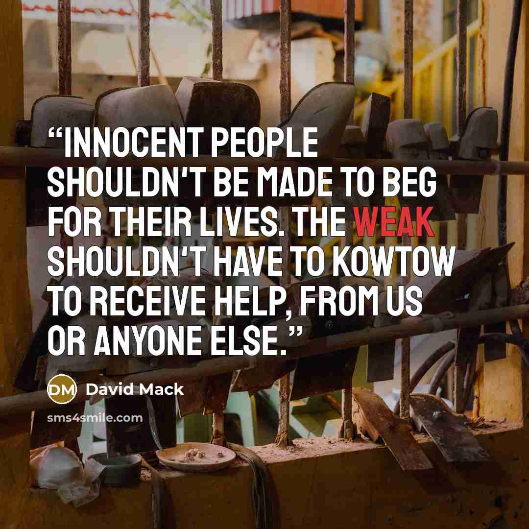 “Innocent people shouldn't be made to beg for their lives. The weak shouldn't have to kowtow to receive help, from us or anyone else.” quote by David Mack