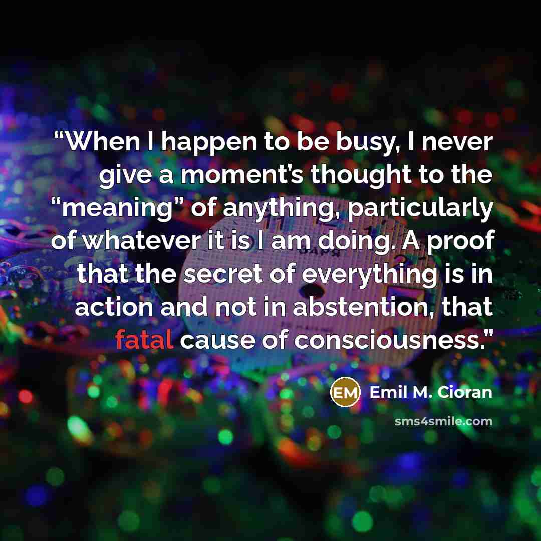 “When I happen to be busy, I never give a moment’s thought to the “meaning” of anything, particularly of whatever it is I am doing. A proof that the secret of everything is in action and not in abstention, that fatal cause of consciousness.” quote by Emil M. Cioran