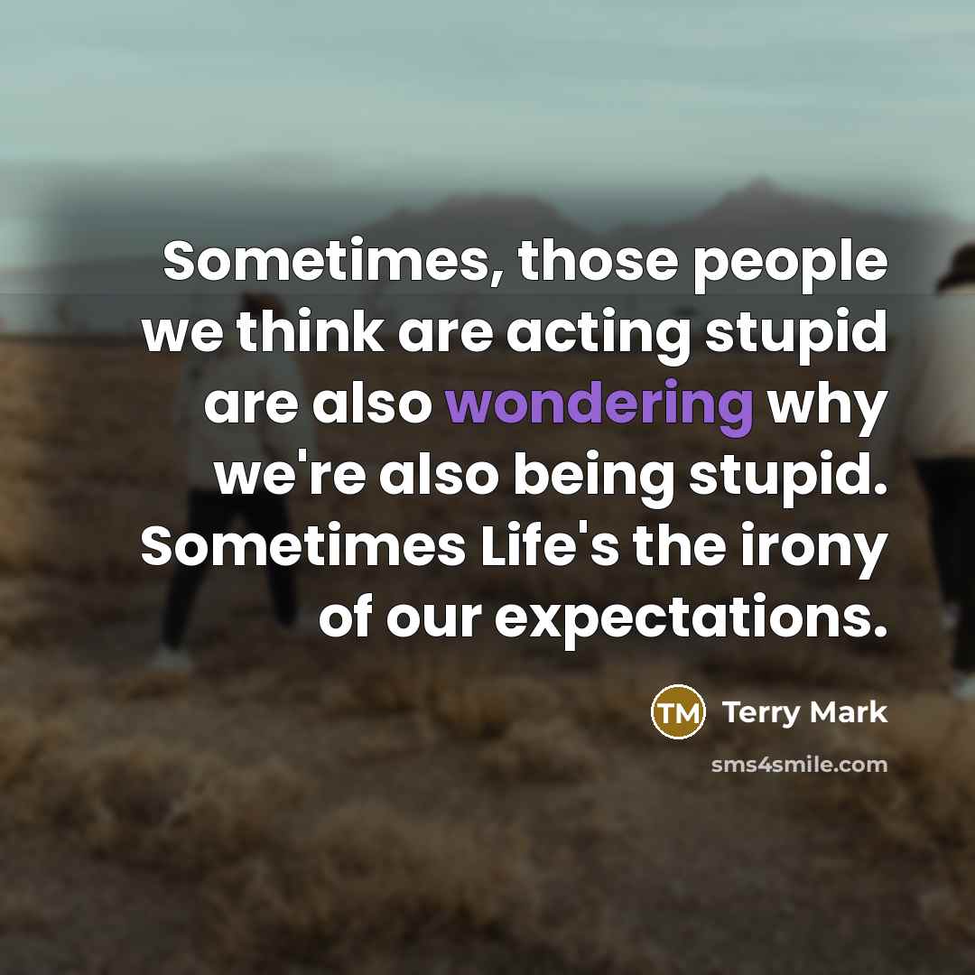“Sometimes, those people we think are acting stupid are also wondering why we're also being stupid. Sometimes Life's the irony of our expectations.” quote by Terry Mark